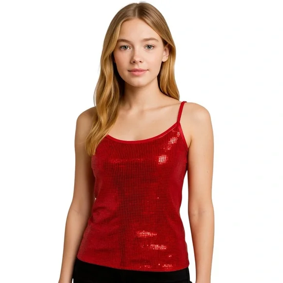 Womens Sequin Spaghetti Cami Top S Red Night Out Club Party Y2K Coquette Sparkle - Picture 1 of 9
